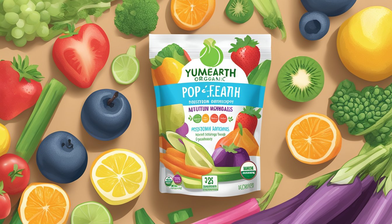 A colorful array of YumEarth organic pops surrounded by fresh fruits and vegetables, with a clear nutritional information label displayed prominently