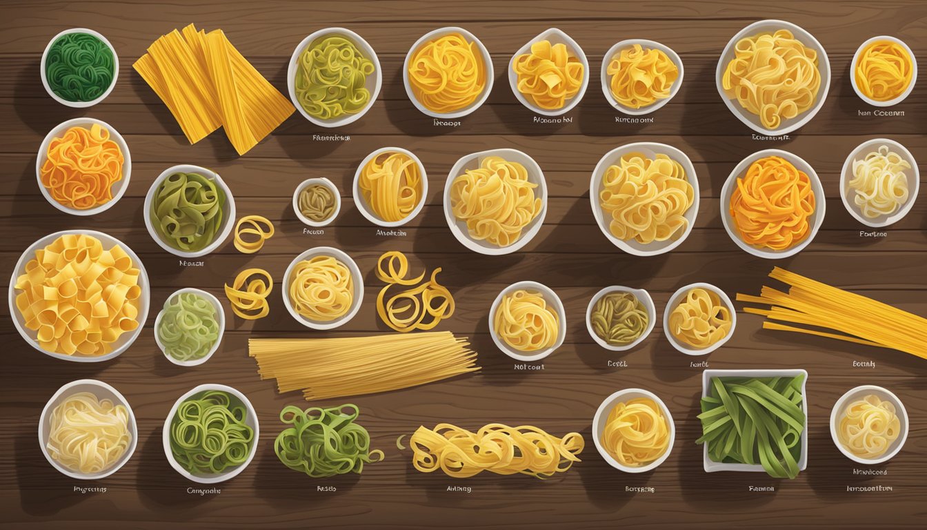 A colorful array of specialty and dietary fettuccine pasta brands displayed on a wooden table