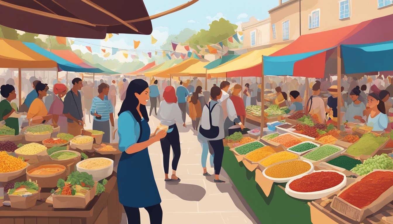 A bustling marketplace with colorful stalls showcasing various condiment brands from around the world, with people sampling and purchasing different sauces and spreads