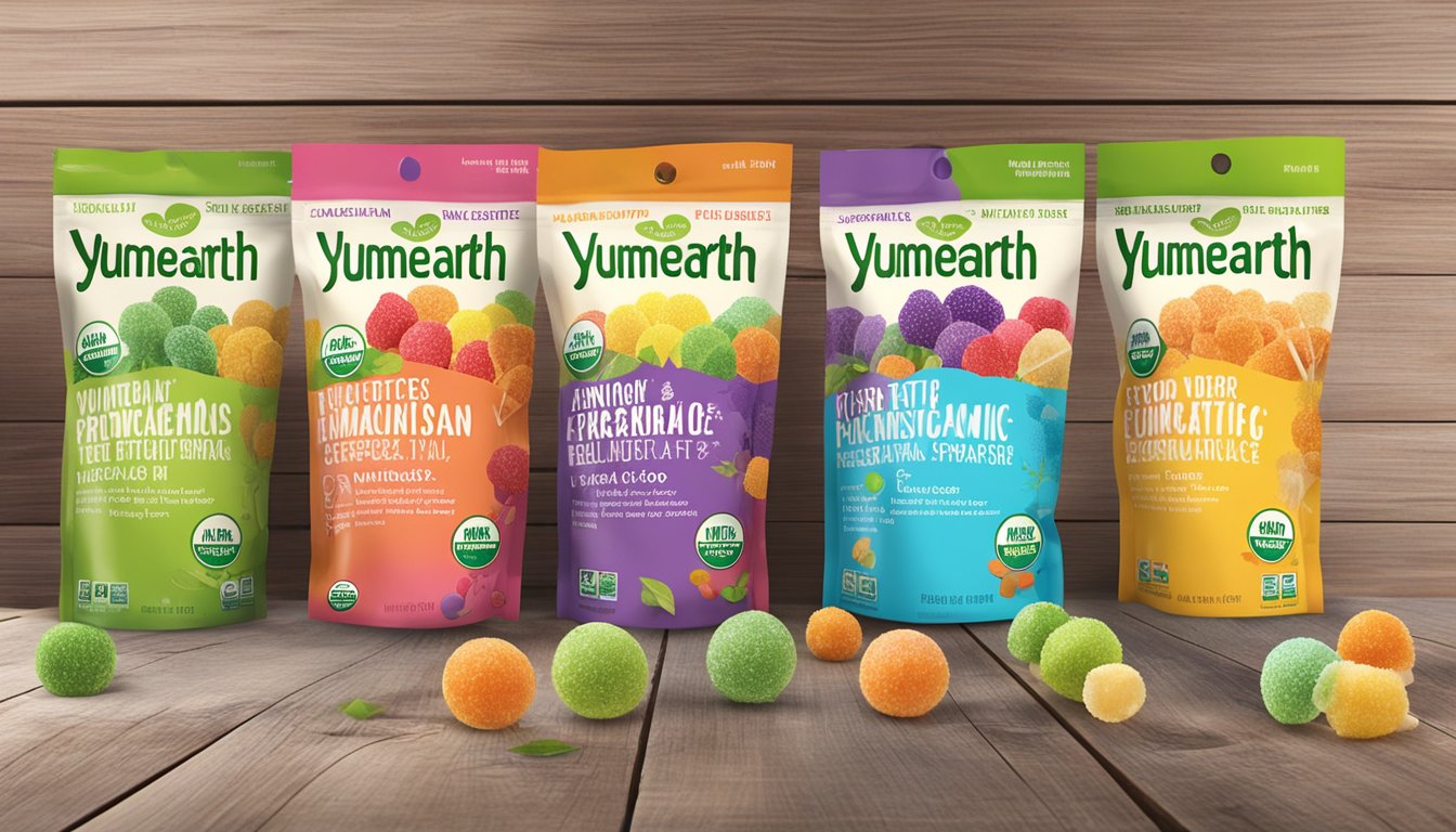 A colorful array of YumEarth organic pops, featuring a variety of flavors and vibrant packaging, displayed on a rustic wooden table