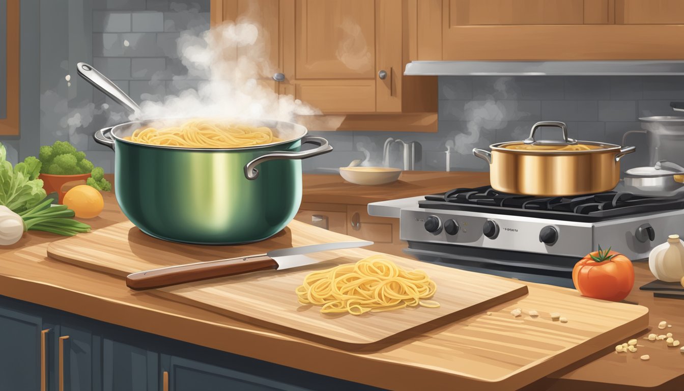 Steam rising from boiling pot of fettuccine. Ingredients scattered on countertop. Chef's knife and cutting board in background