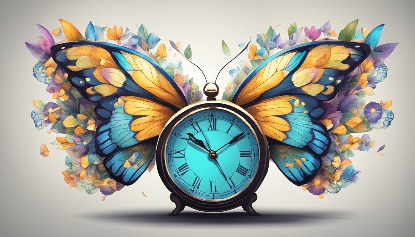 A vibrant butterfly surrounded by a clock showing 12 hours, with rays of light symbolizing mental and emotional effects