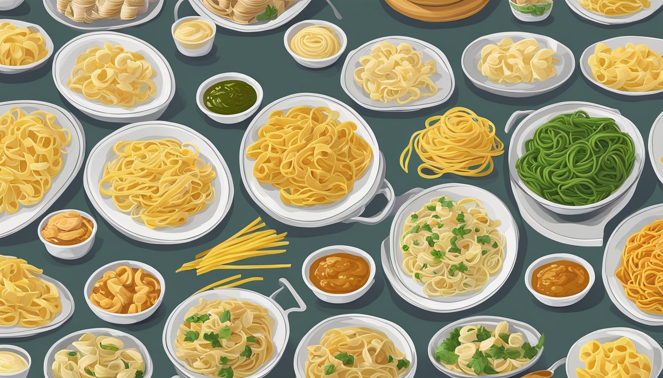 A table with various cooked fettuccine dishes arranged in a row, each labeled with a different popular pasta brand name