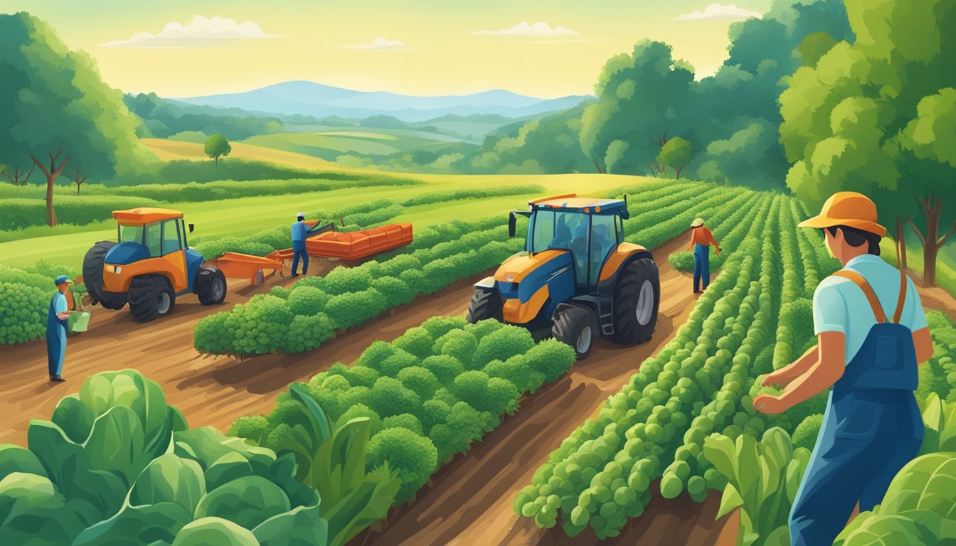 A lush green landscape with a clear blue sky, showcasing a field of organic fruits and vegetables being harvested by workers using sustainable farming practices