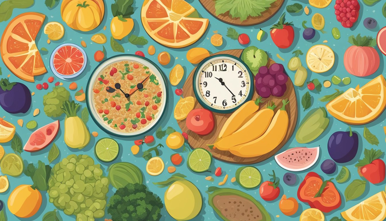 A colorful plate of fruits, vegetables, and grains arranged around a clock showing a 12-hour fasting window. A person is seen socializing in the background