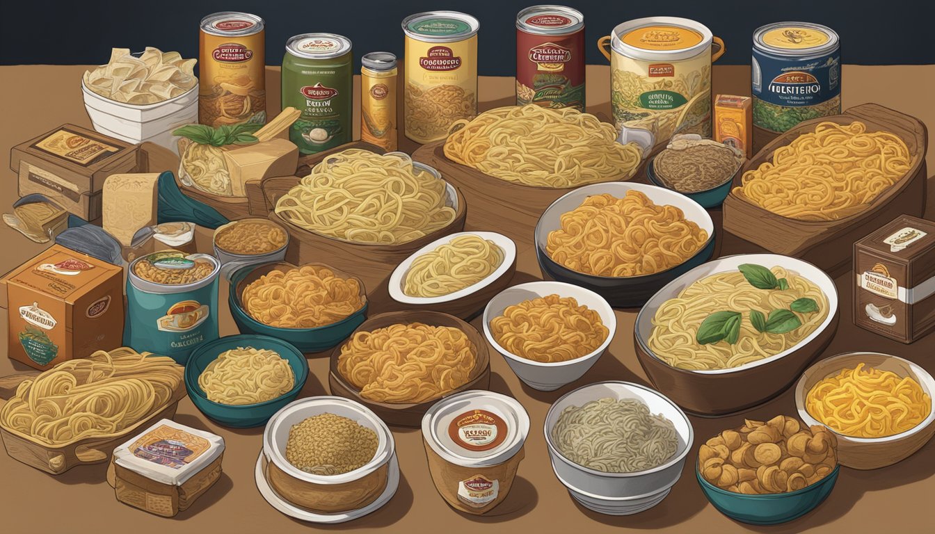 A table filled with various fettuccine brands and their packaging, surrounded by historical images and artifacts of each brand's origin