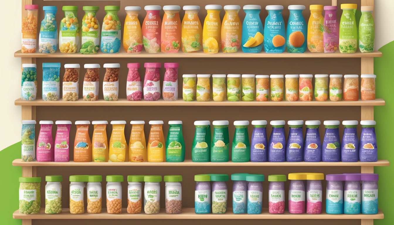 A colorful display of YumEarth organic pops on a shelf in a health food store