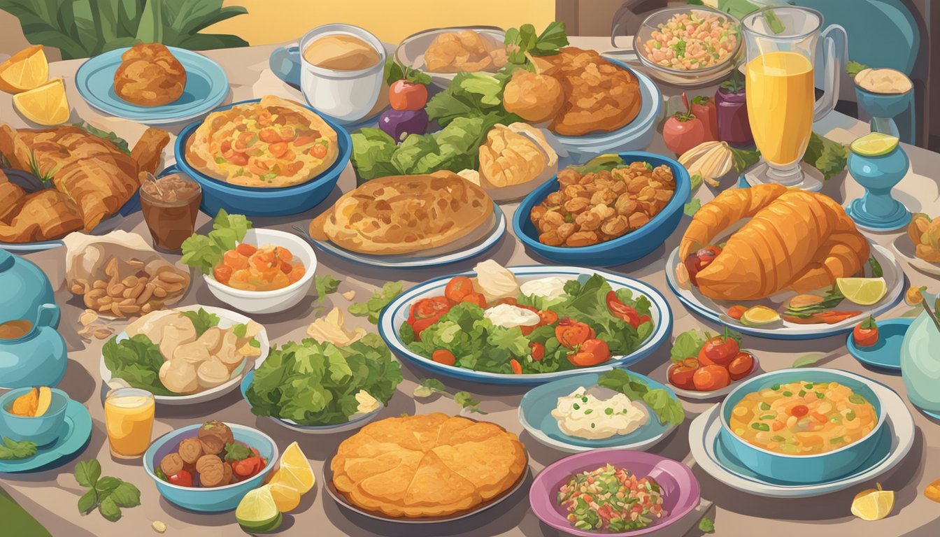 A colorful array of regional foods laid out on a table, surrounded by social butterflies chatting and laughing. The clock on the wall shows the passing of time