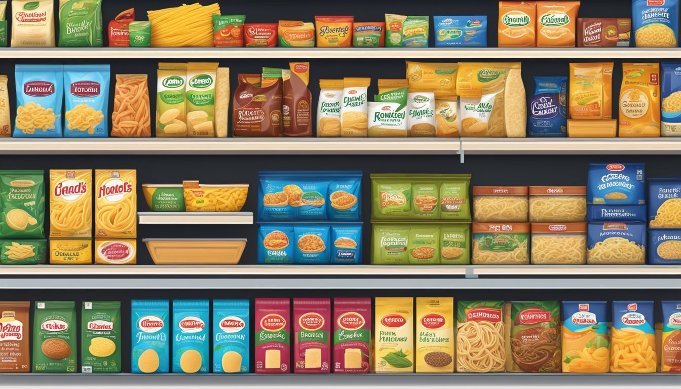 A grocery store shelf displaying various fettuccine brands, including budget and store-brand options