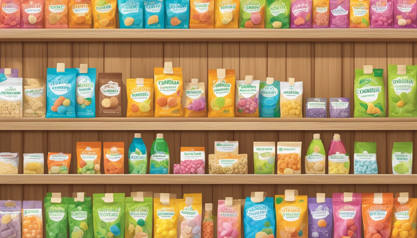 A colorful display of YumEarth organic pops arranged neatly on a wooden shelf with a clear label indicating "Consumer Information."