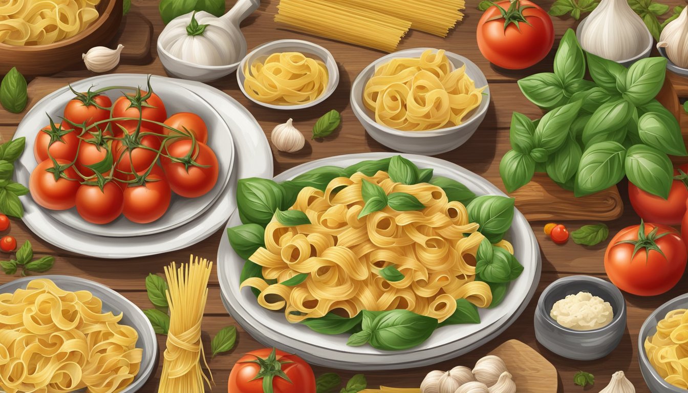 A rustic kitchen table with a variety of pasta shapes and sauces, surrounded by fresh ingredients like tomatoes, basil, and garlic