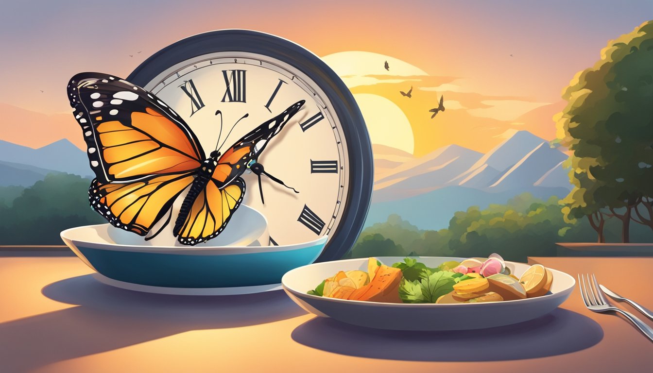 A colorful butterfly flutters around a clock, with a plate of food on one side and an empty plate on the other. The sun rises and sets in the background