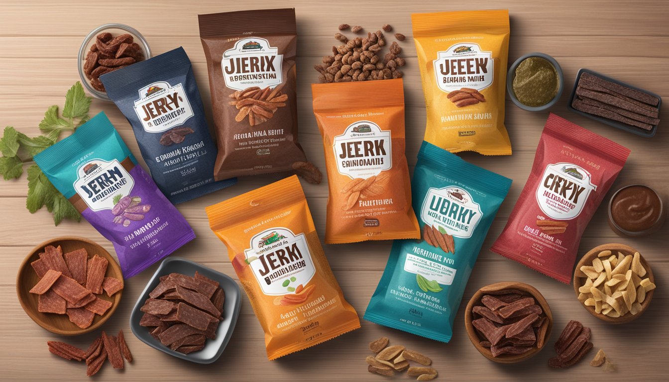 A variety of jerky brands arranged on a table, with labels indicating low sodium, organic, and gluten-free options