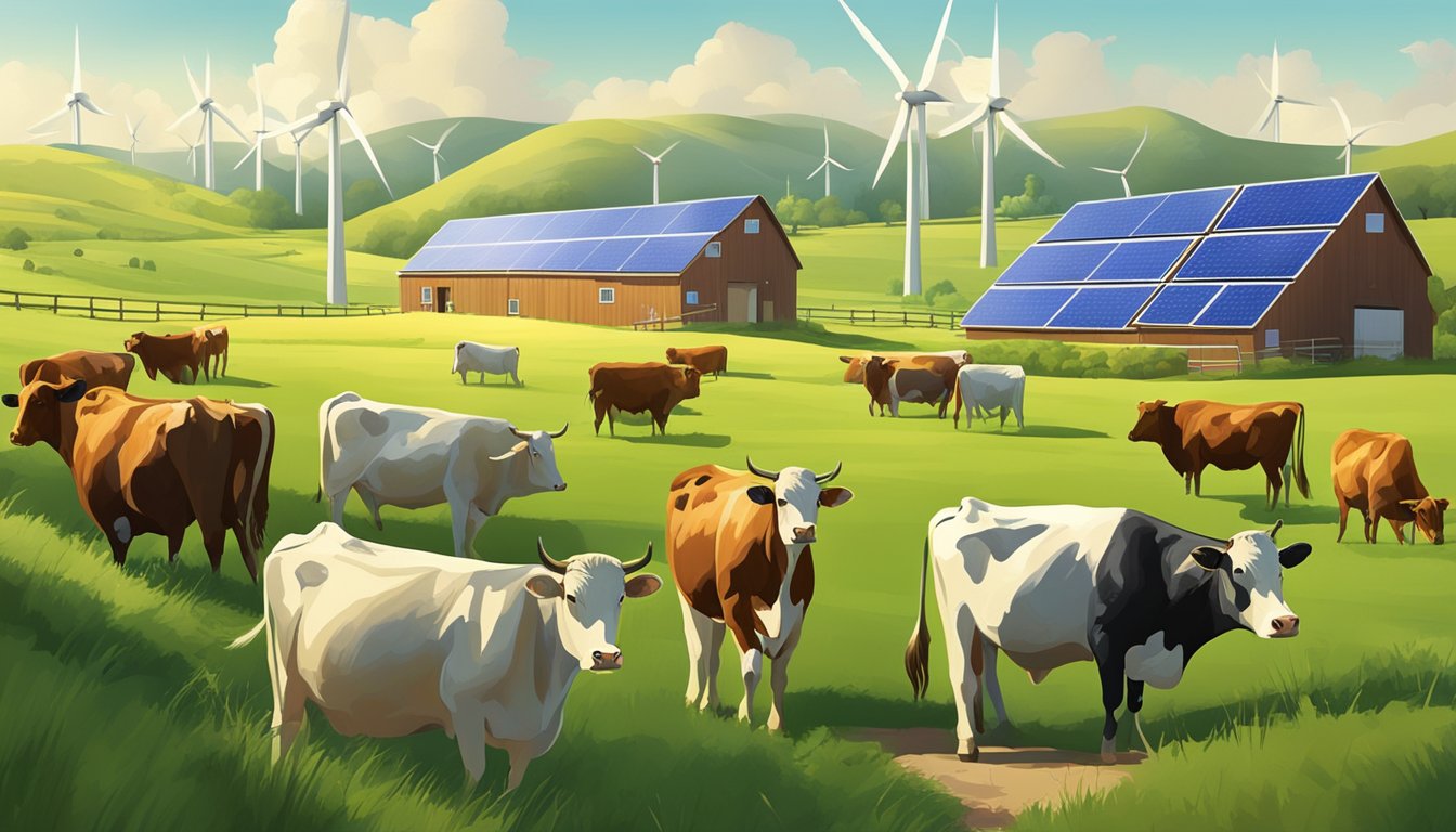 A serene, sunlit farm with free-roaming cattle grazing on green pastures, surrounded by wind turbines and solar panels