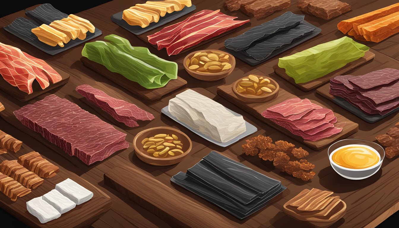 A variety of jerky flavors and textures displayed on wooden boards