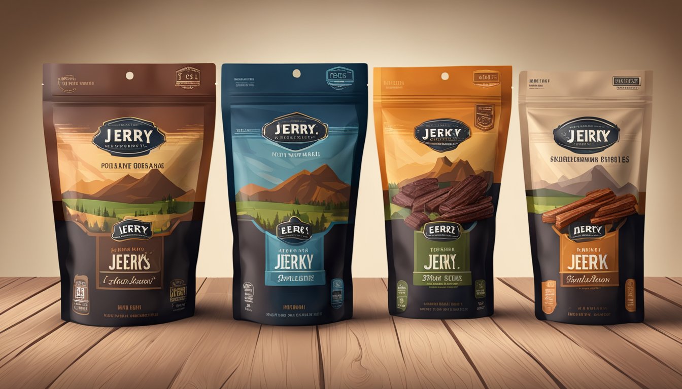 A variety of jerky brands displayed on a wooden table with rustic packaging and different flavors. A spotlight highlights the products