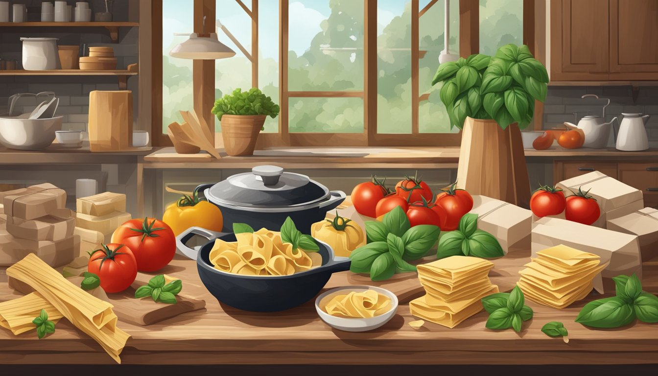 A rustic kitchen with a wooden table set with various packages of top-rated pappardelle brands, surrounded by fresh ingredients like tomatoes and basil