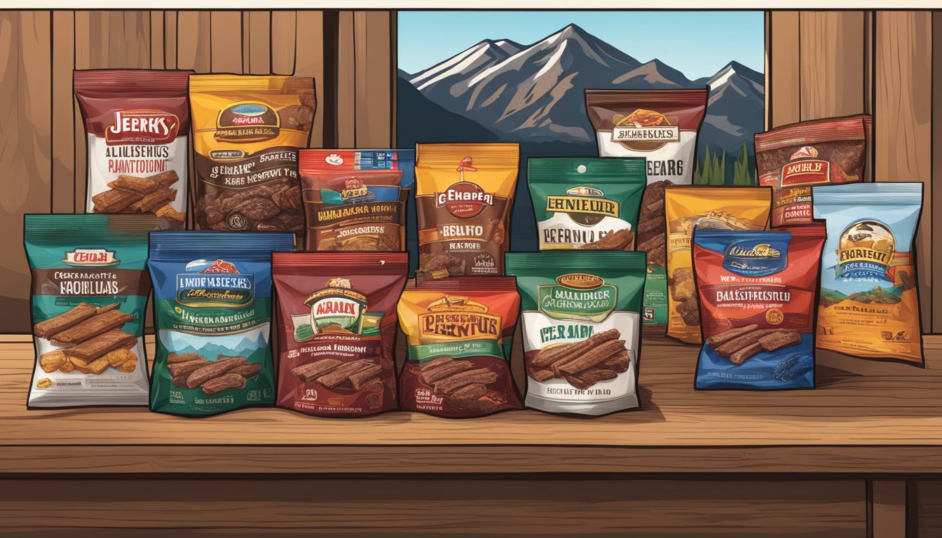 A table displaying various jerky brands with iconic packaging and logos