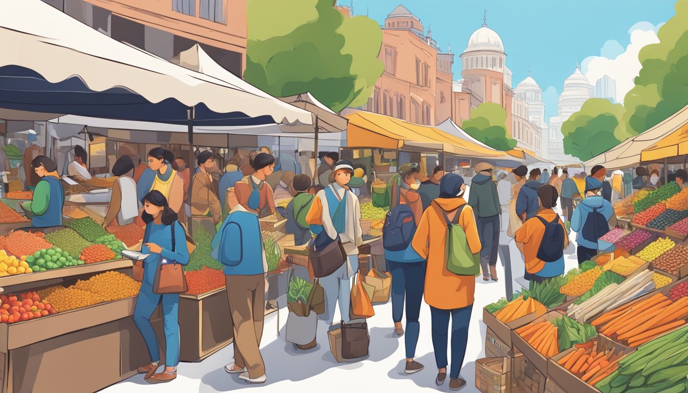 En mangfoldig gruppe mennesker som ser på produkter på et livlig utendørsmarked. Ulike boder og fargerike utstillinger fanger oppmerksomheten deres.