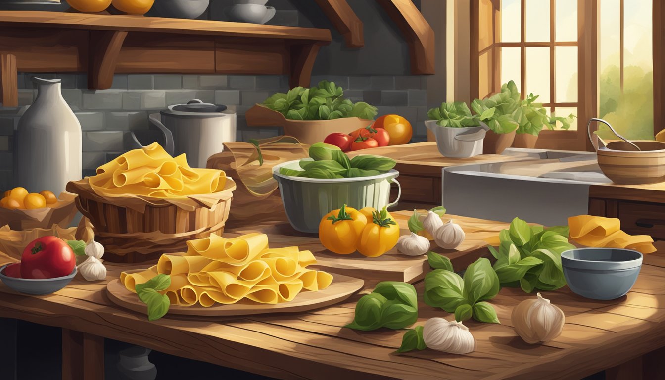 A rustic kitchen scene with a variety of fresh, colorful ingredients displayed on a wooden table alongside bundles of pappardelle pasta. The textures of the ingredients and pasta are emphasized through the use of light and shadow