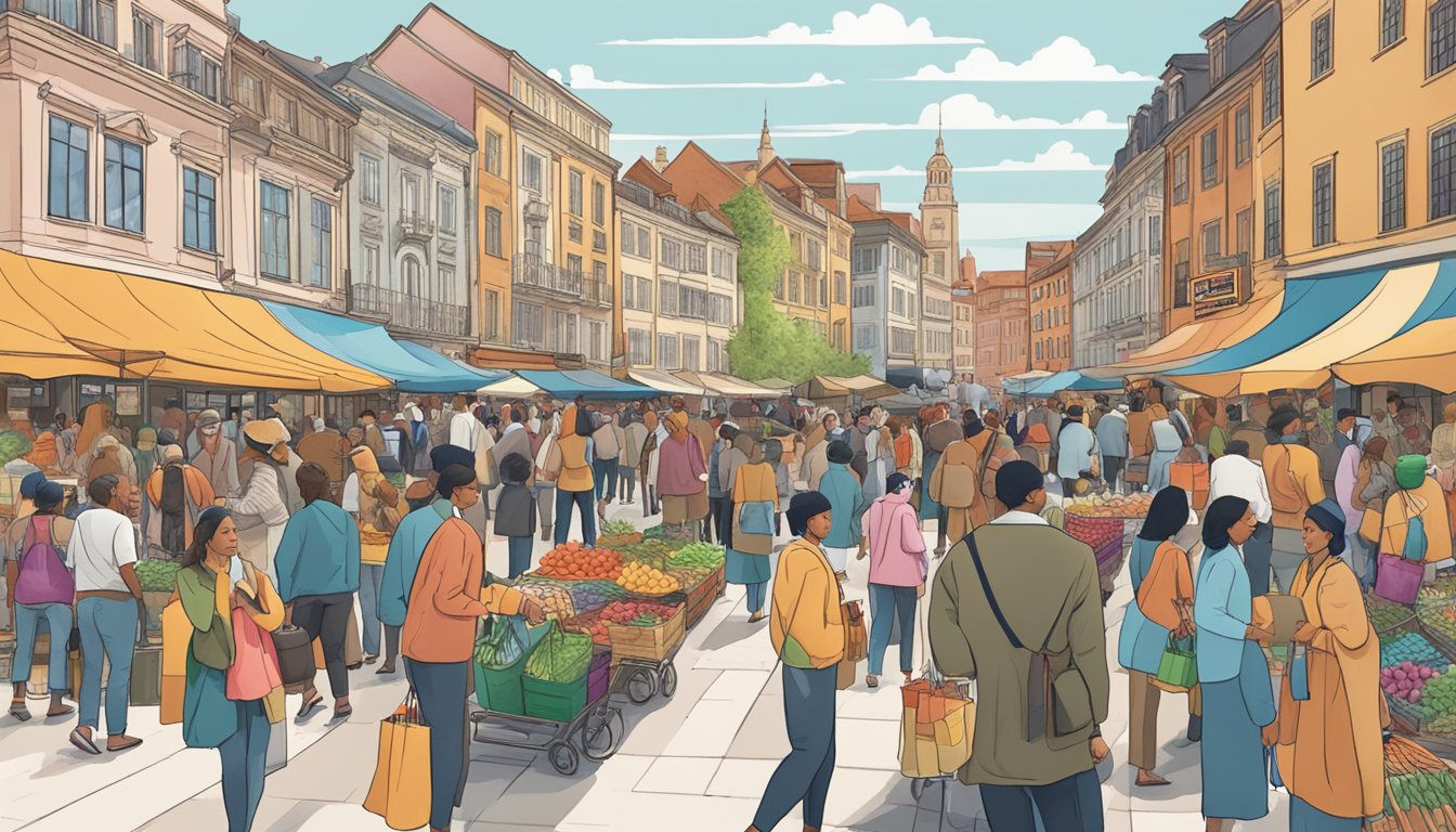 En mangfoldig gruppe mennesker som handler i et travelt markedstorg