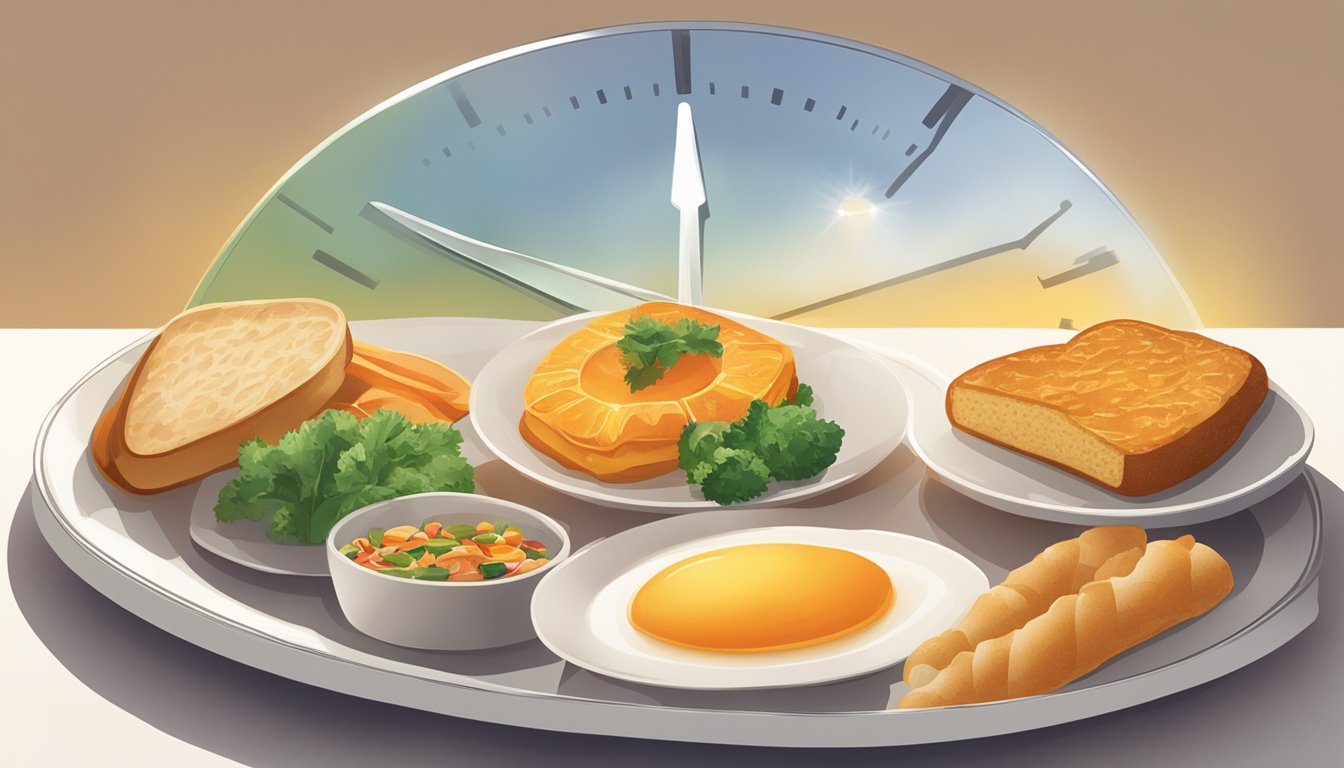 The sun rises over a plate of food at 8 am, gradually emptying as the hours pass. At noon, a clock shows 12 pm, and by 4 pm, the plate is clean