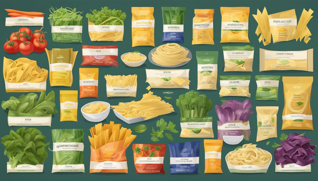 A colorful array of pappardelle pasta brands, surrounded by fresh vegetables and nutritional information labels