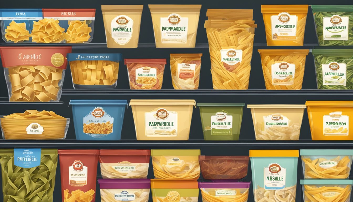 A bustling Italian market display showcasing various brands of pappardelle pasta, with colorful packaging and enticing labels