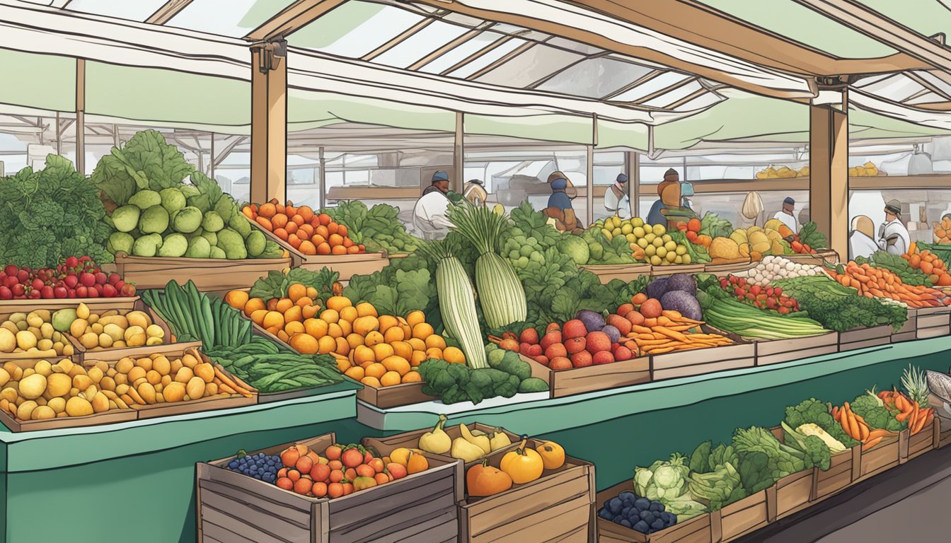 A vibrant farmers' market stall filled with colorful, fresh organic fruits and vegetables, alongside a variety of sustainably caught fish on ice