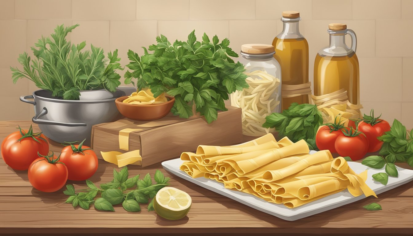 A rustic kitchen table adorned with various packages of artisanal pappardelle pasta, surrounded by fresh herbs and tomatoes