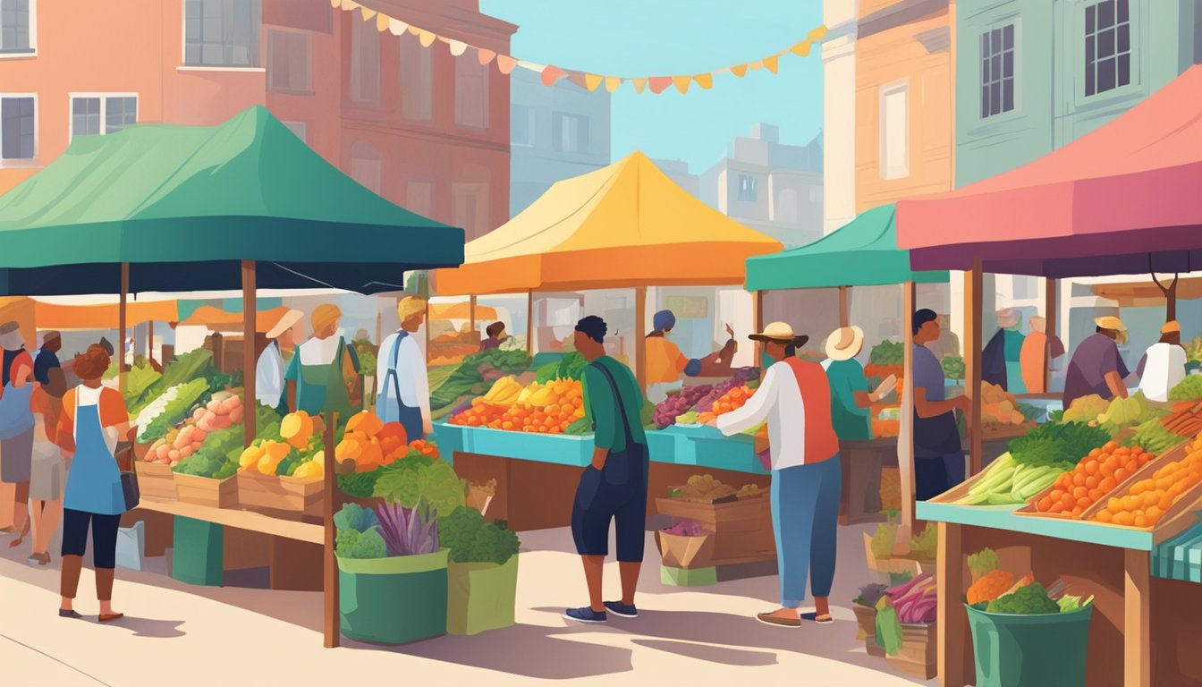 A vibrant farmers market with colorful stalls selling organic fruits, vegetables, and fresh fish. Shoppers happily browsing and chatting with the friendly vendors