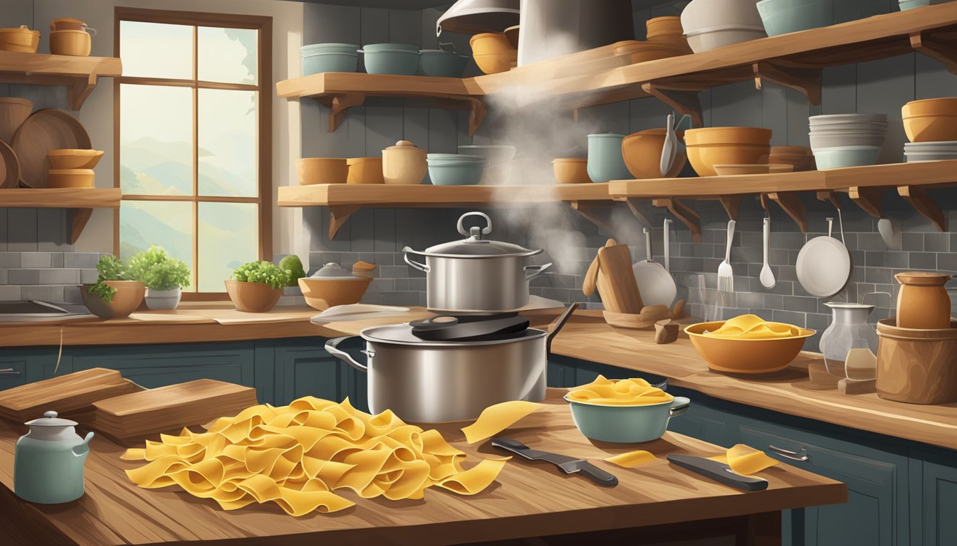 A rustic kitchen with shelves of assorted pappardelle pasta brands, a pot of boiling water, and a chef's knife for opening packages