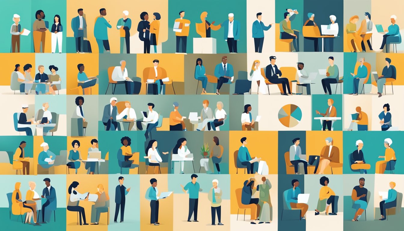 En mangfoldig gruppe mennesker med forskjellige behov og smertepunkter, som representerer ulike markedssegmenter, engasjerer seg i diskusjoner og aktiviteter.