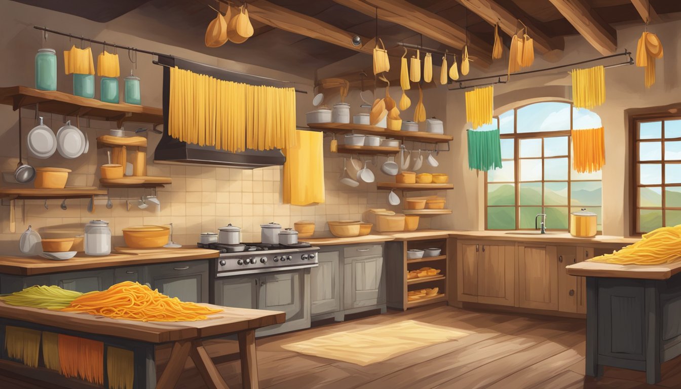 A rustic kitchen with fresh pasta sheets hanging to dry on wooden racks, surrounded by bags of flour and jars of colorful pasta sauces