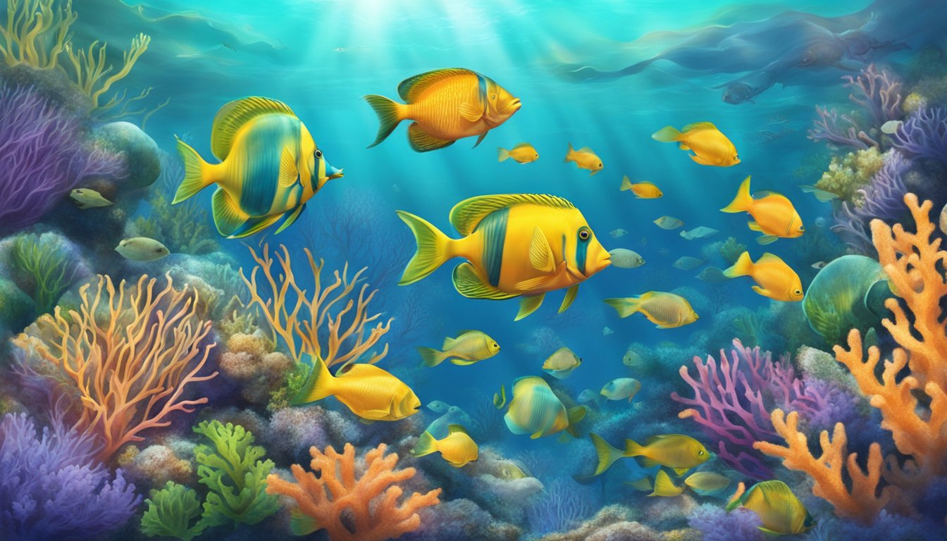 A colorful underwater scene with a variety of vibrant, organic delishfish swimming among coral and seaweed