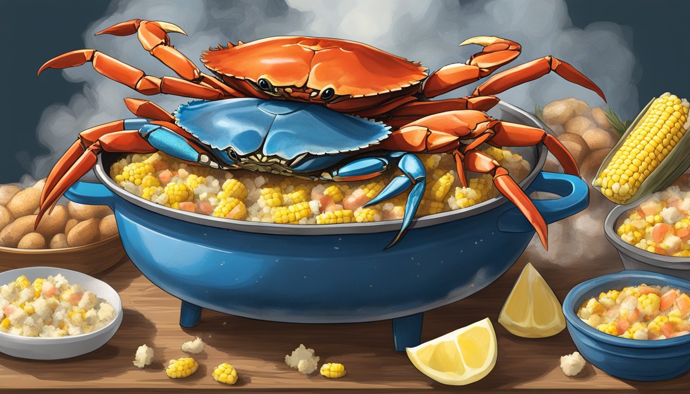 A steaming pot of crab boil, filled with red potatoes, corn on the cob, and fresh blue crabs, sprinkled generously with Old Bay seasoning