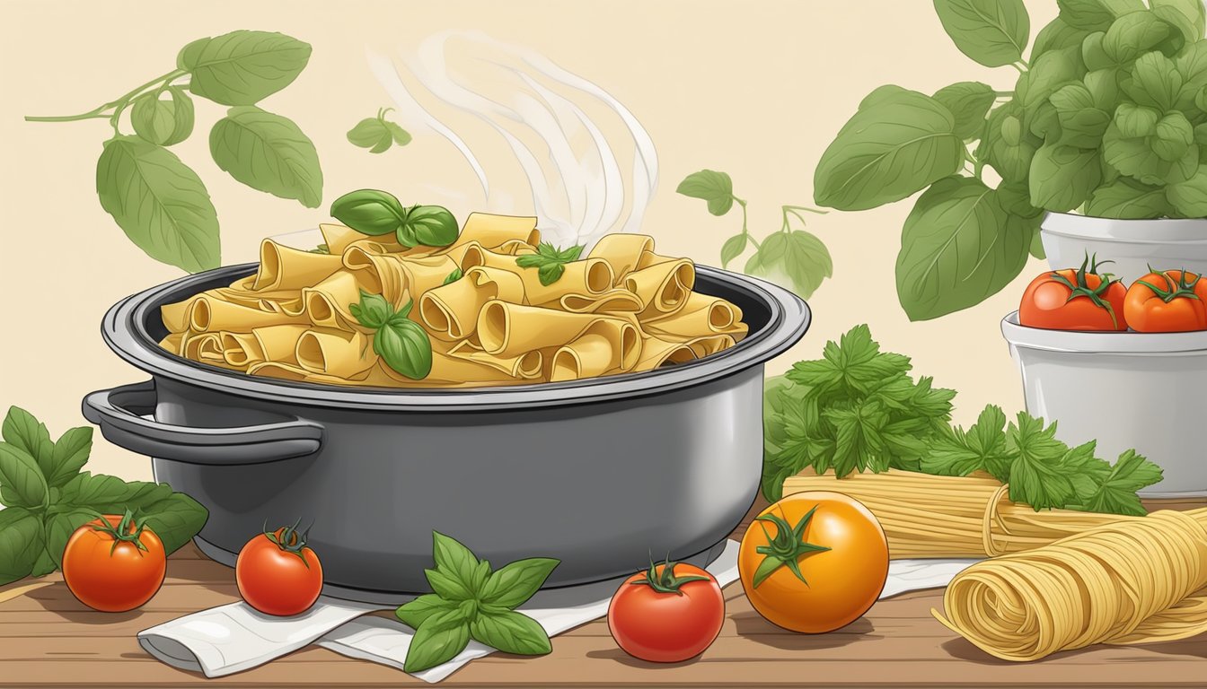 A steaming pot of pappardelle and linguine side by side, surrounded by fresh herbs and colorful tomatoes