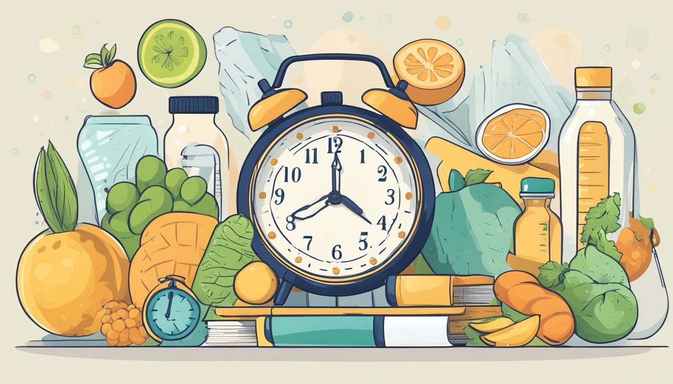 A clock showing 16 hours and 8 hours segments, surrounded by healthy food items and a water bottle. A journal with progress tracking charts