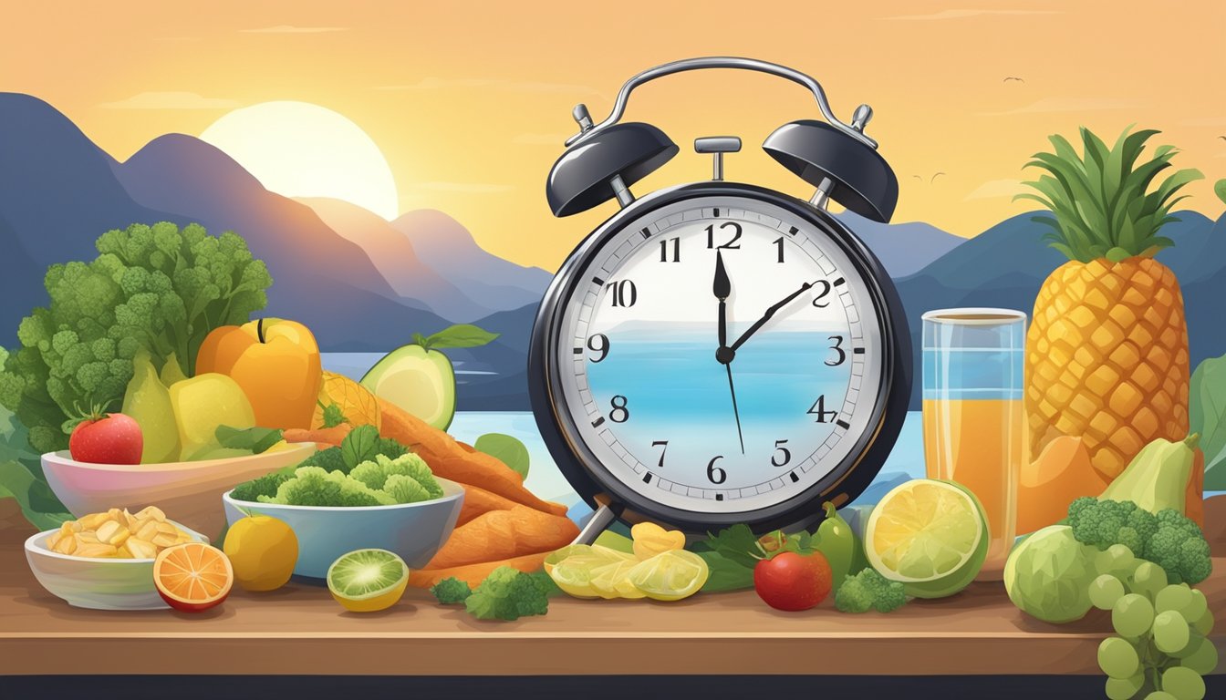 A clock showing 8-hour eating window surrounded by healthy foods and water, with a sunrise in the background