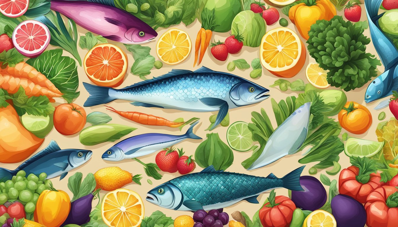 A colorful array of fresh, organic fruits and vegetables, surrounded by vibrant fish and seafood