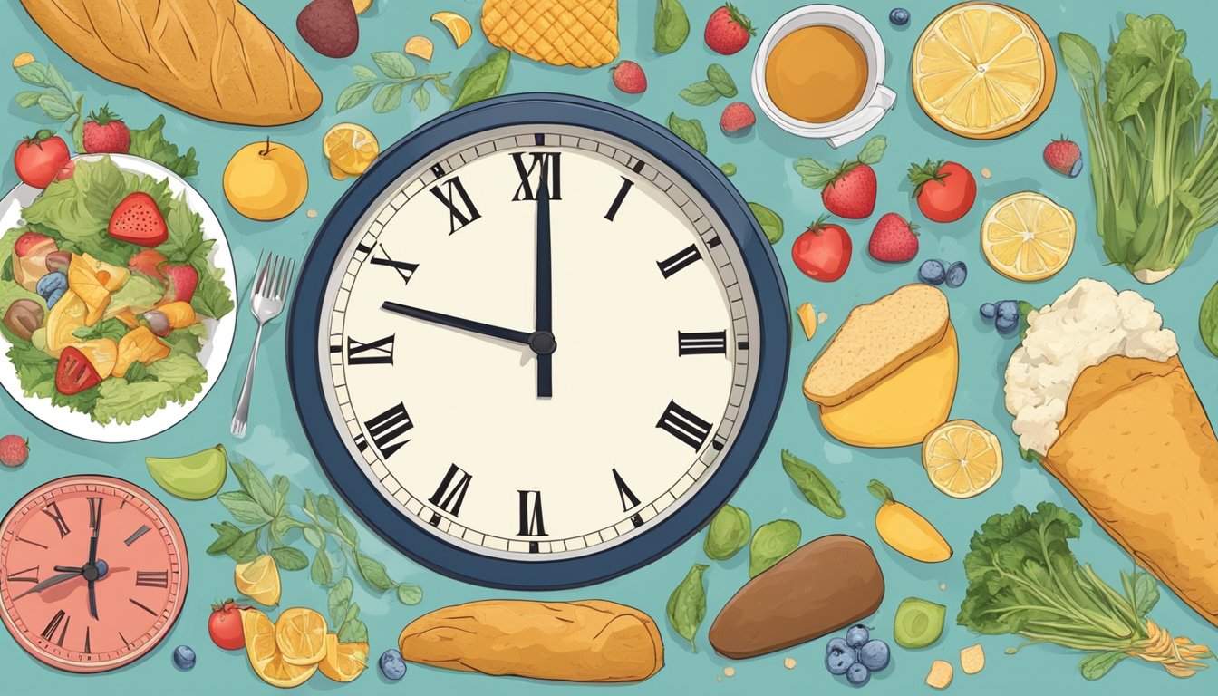 A clock showing 16:8 ratio with food and fasting items around it, representing the concept of reshaping the relationship with food through 16:8 fasting