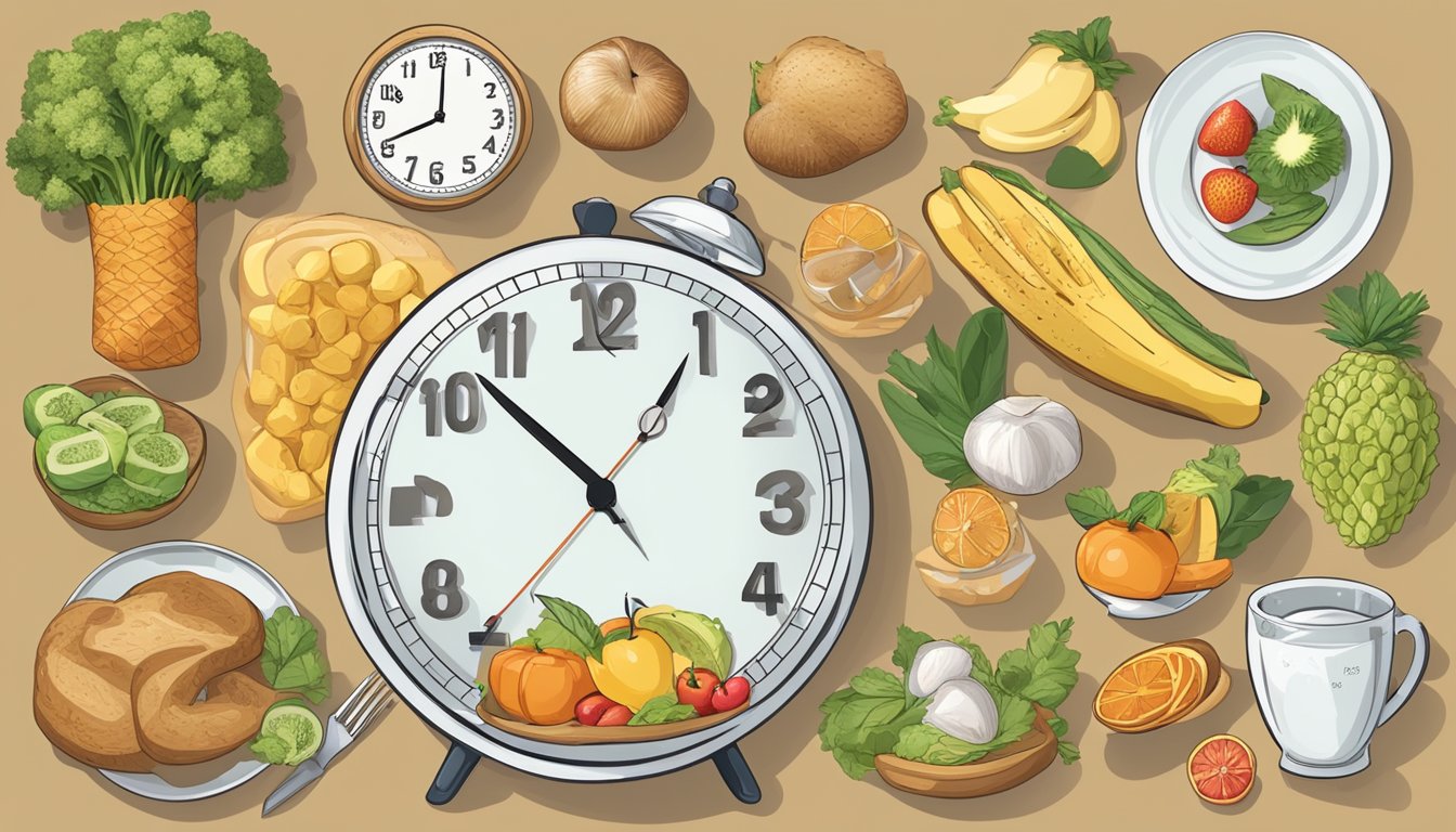 A table set with a variety of healthy foods and a clock showing the 16:8 fasting schedule, surrounded by images of exercise and relaxation techniques