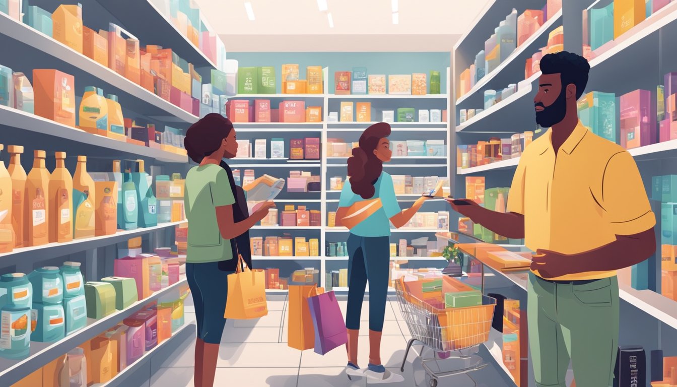 En gruppe forskjellige mennesker som blar gjennom ulike produktutvalg vist på hyller i en moderne og godt opplyst butikk.