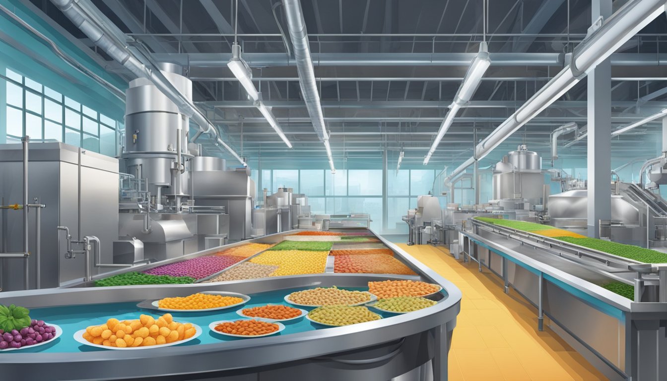 A modern factory with large stainless steel vats and conveyor belts processing fresh, colorful organic ingredients into delicious fish-shaped snacks