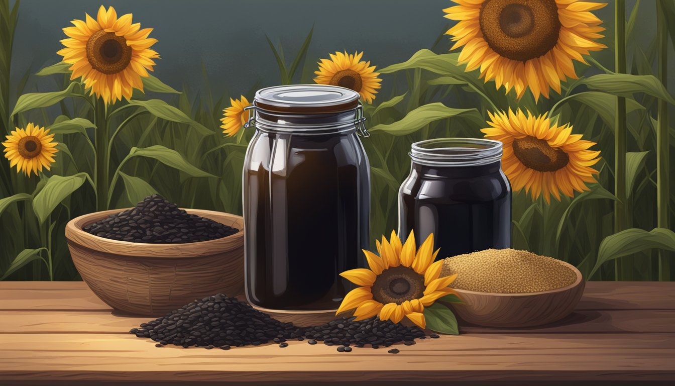 A jar of dark, rich molasses sits on a rustic wooden table, surrounded by stalks of sugarcane and a field of blooming sunflowers