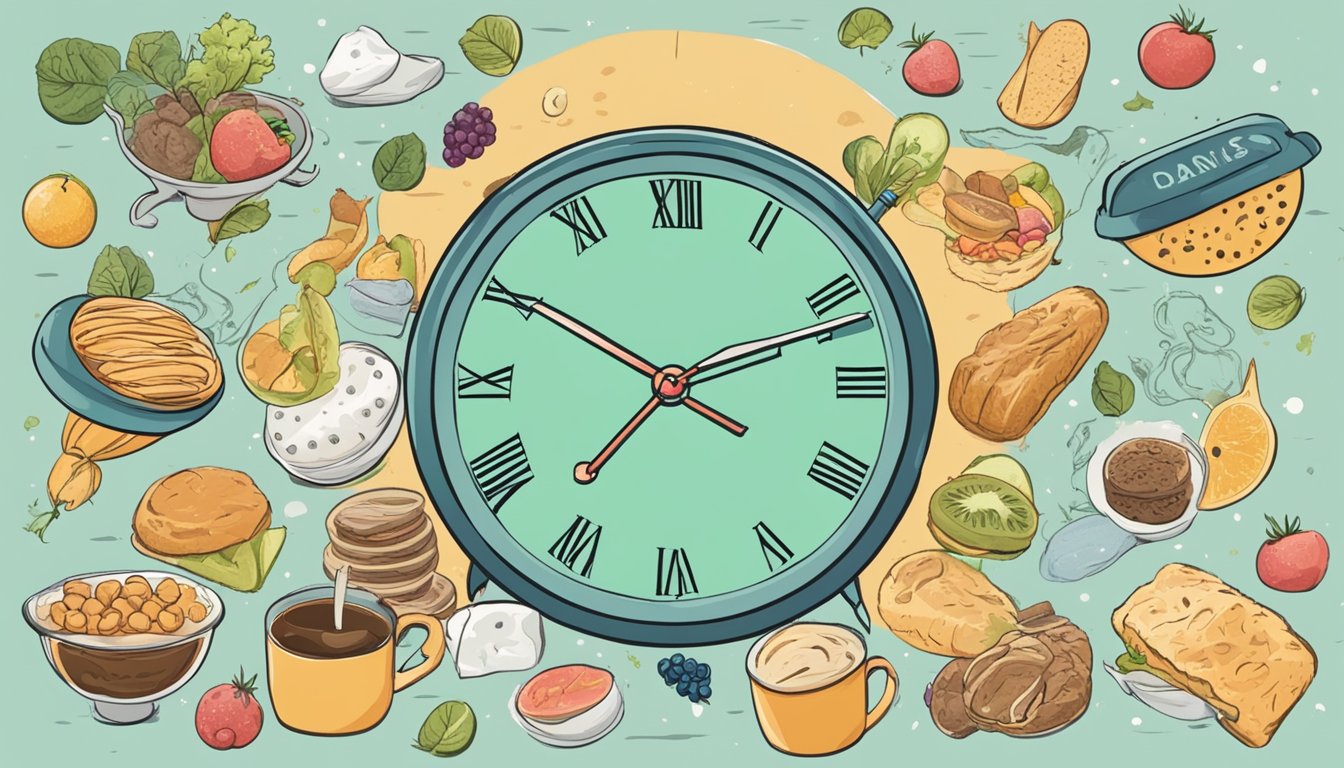 A clock with two distinct time frames, one showing 16 hours and the other showing 8 hours, surrounded by various food items and a debunked myth bubble