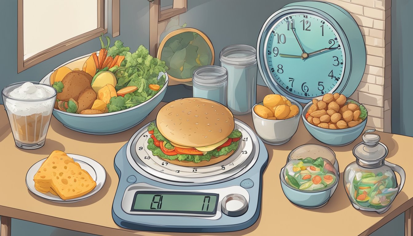 A clock with a 16-hour fasting window and an 8-hour eating window, surrounded by various food items and a scale