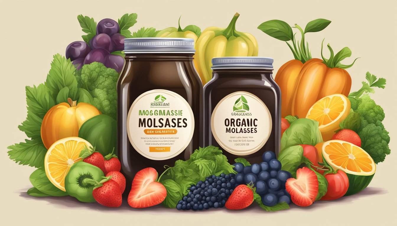 A jar of organic molasses surrounded by fresh fruits and vegetables