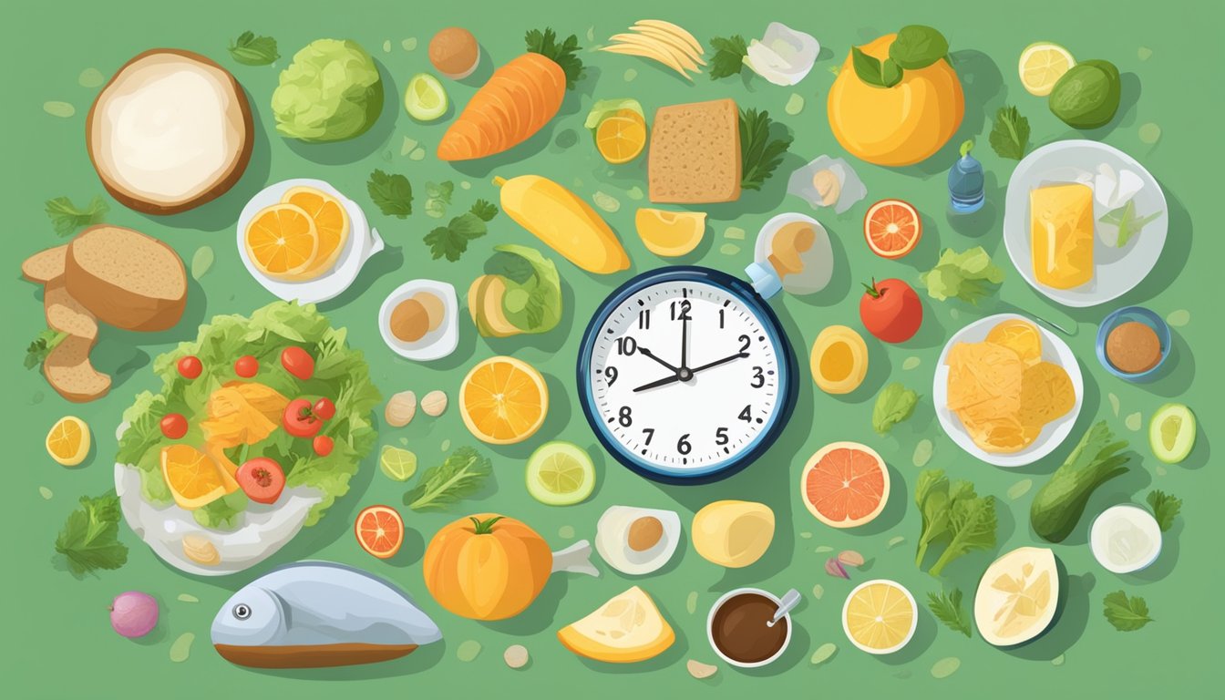 A table with various dietary foods and a clock showing the 16:8 time ratio, surrounded by other dietary approaches being disproven