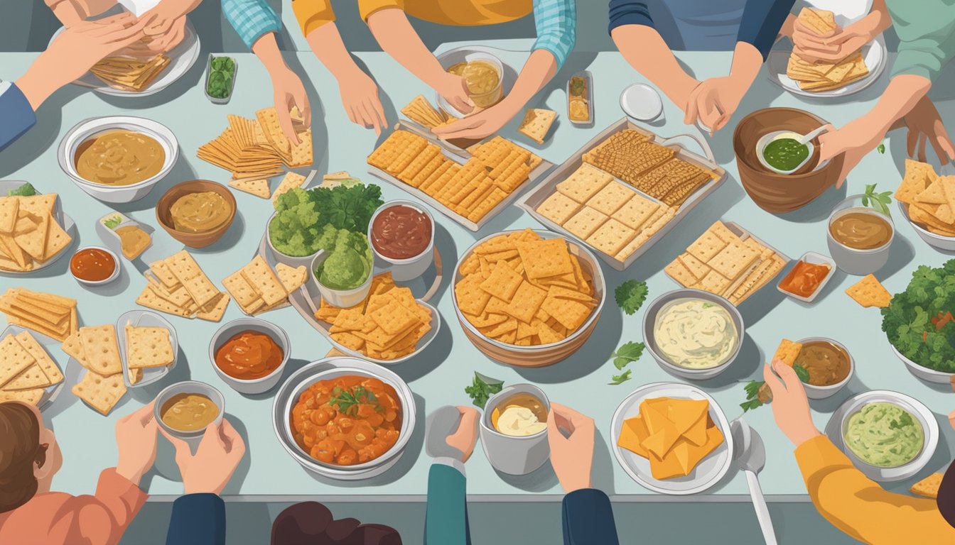 A table filled with various types of crackers, surrounded by bowls of dips and spreads, with people reaching for them eagerly